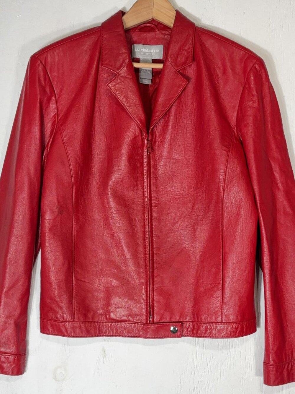 VTG 90 Liz Claiborne Moto Biker Jacket Womens 12 Cherry Red Leather Rock Grunge
